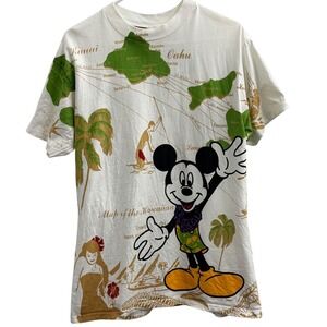 Vintage 90s Mickey Mouse Hawaii Map All Over Print T Shirt Disney USA Surf Tee L